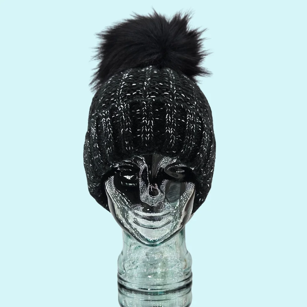 Kyi Kyi Hat Beanie Black Chunky Ribbed Cuffed Faux Fur Pom Pom Cottagecore Gift